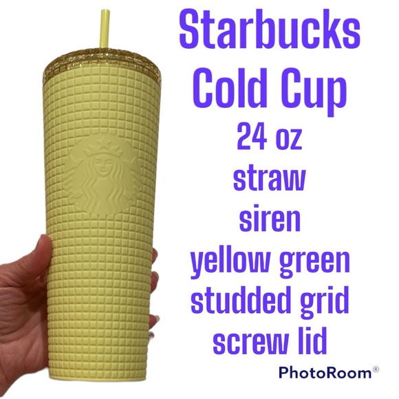 NWT Starbucks 24oz Screw Lid Straw Cold Cup YellowGreen Studded Grid Tumbler - Picture 10 of 10